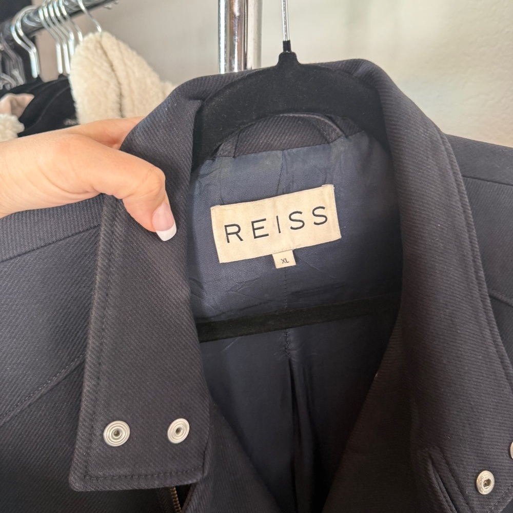 Reiss Jacket Moto Navy Asymmetrical Zip Silver Hardware Lined Collar Wear XL - Picture 8 of 10
